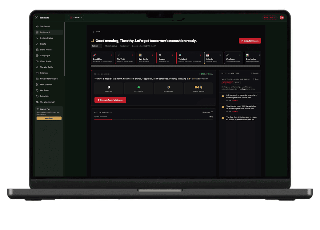 SamurAI AI automation dashboard shown on a MacBook screen
