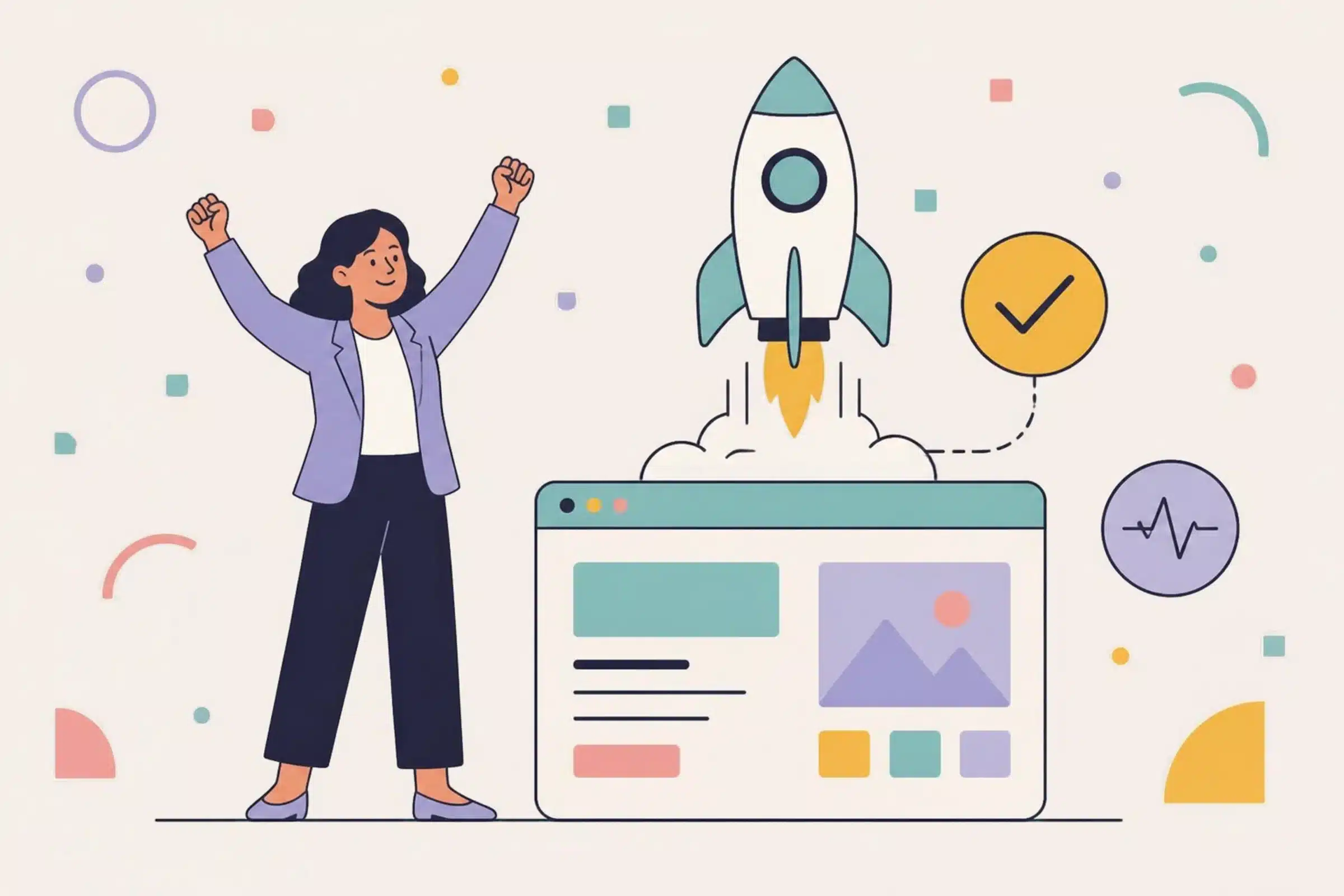 Launch and handover illustration: website going live with a rocket launch