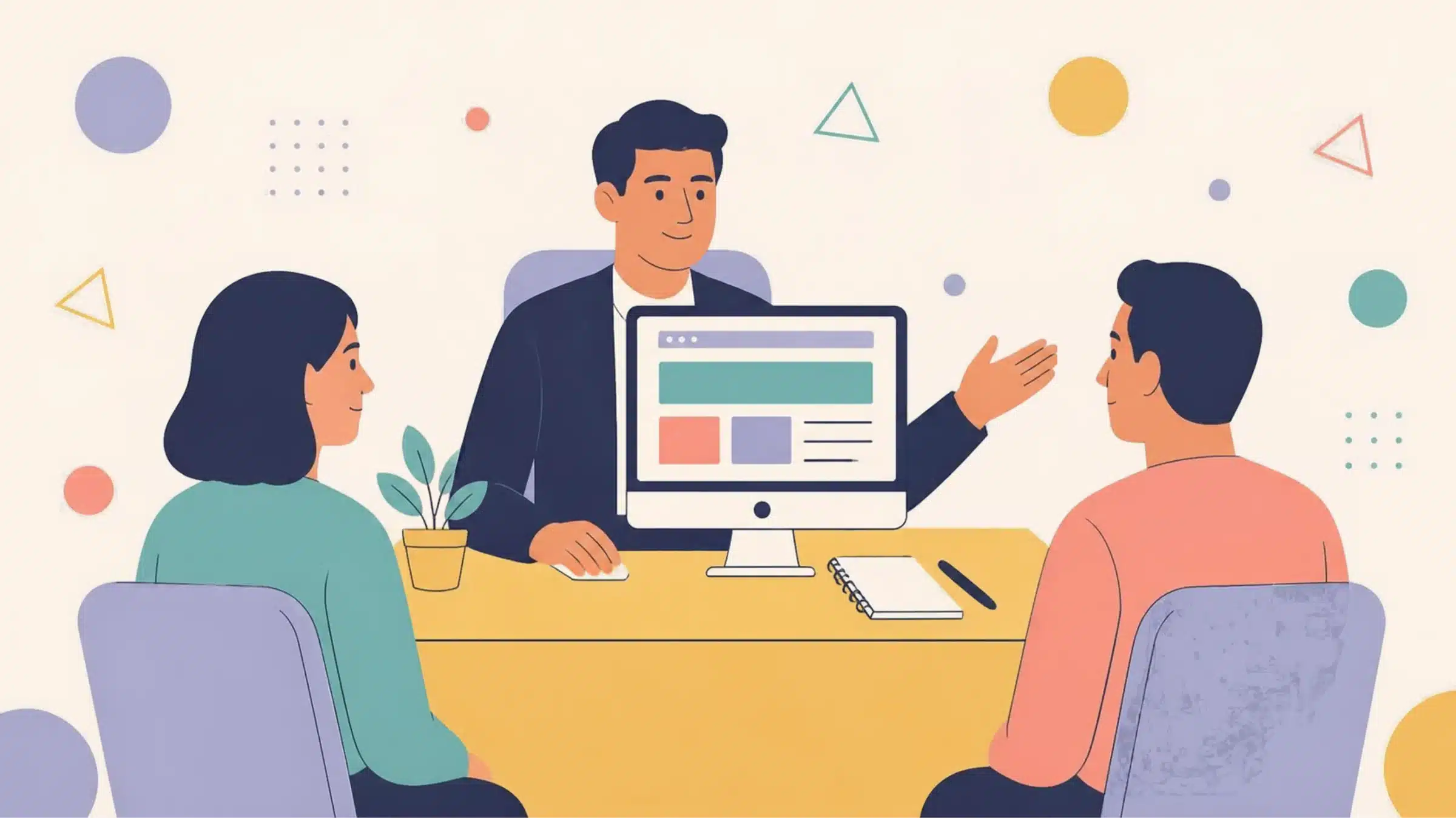Consultation illustration: client meeting reviewing a website on screen